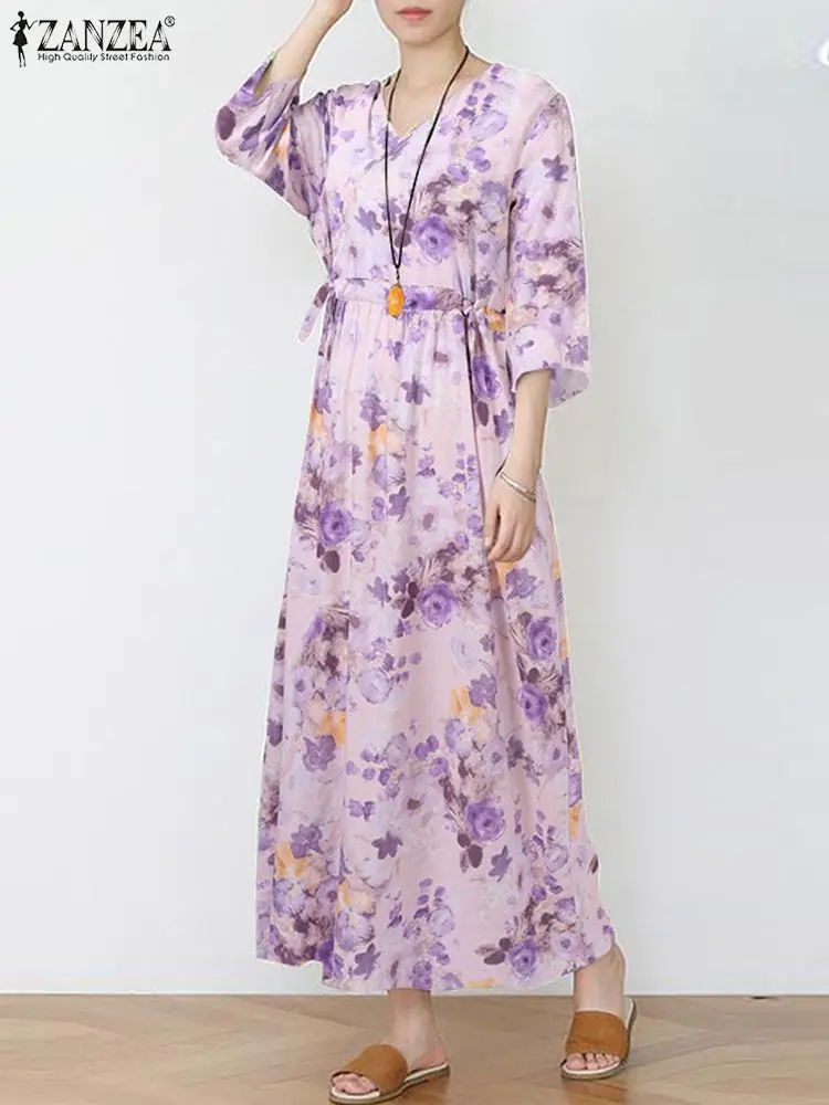 

Платье ZANZEA женское длинное с цветочным принтом, модное Макси-Платье с запахом, с V-образным вырезом и рукавом 3/4, праздничное платье с завязкой на талии
