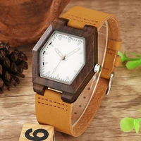 minimalist wooden mens watches hexagon new design luxury fashion leather quartz wristwatches gift for men reloj de madera
