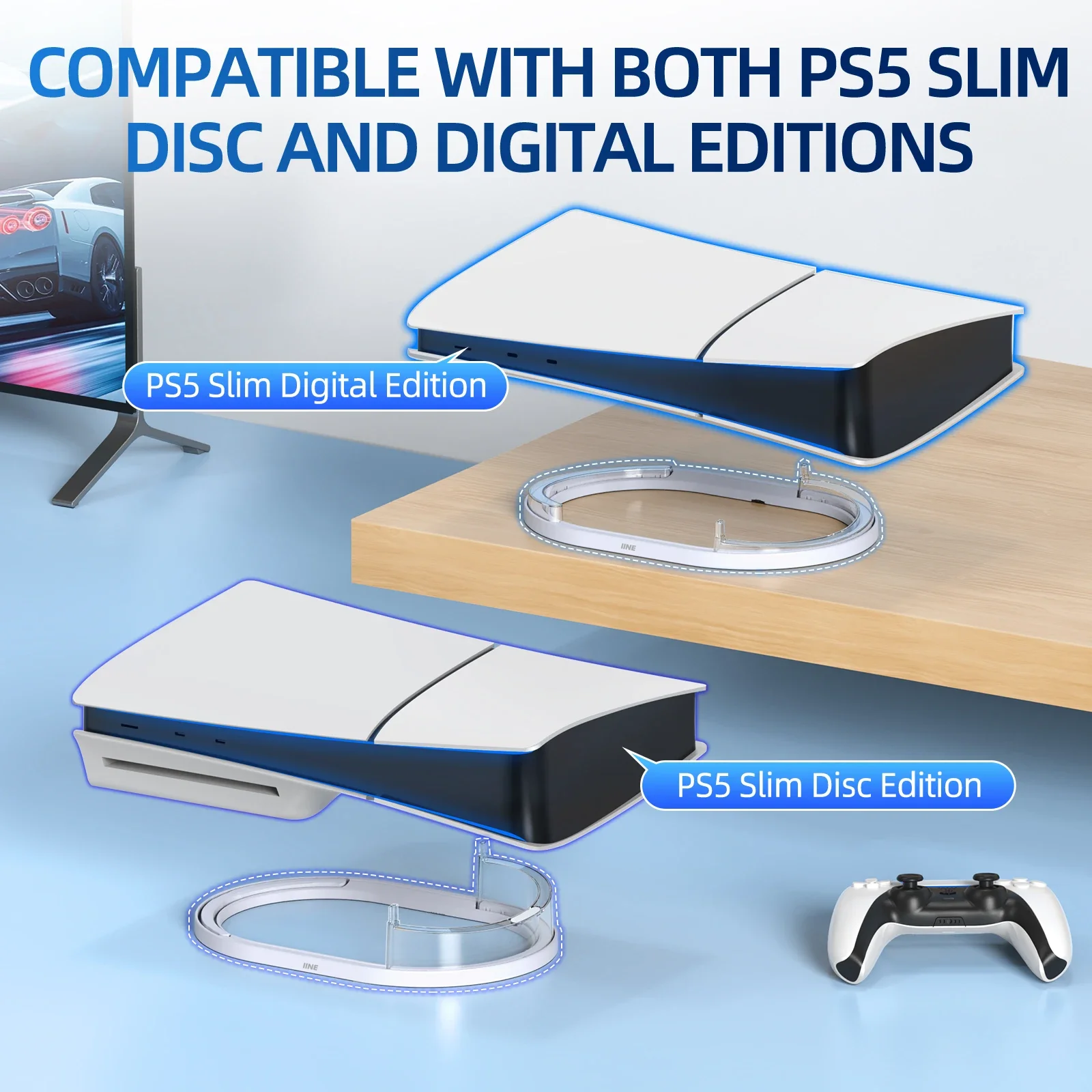 Горизонтальная подставка IINE совместимая с PS5 Slim Disc и Digital Edition. Простая установка.