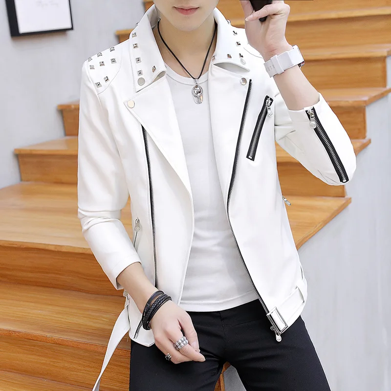 

2022 men rivet leather coat lapels young handsome cultivate one's morality character inclined zipper fashion leather jacket