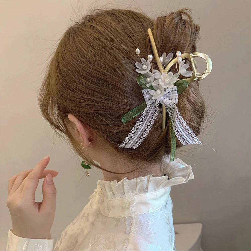 

New Style Inlaid Pearl Lace Oversized Bow Flower Strong Non-slip Shark Clip Temperament Claw Clip Hair Accessories Female