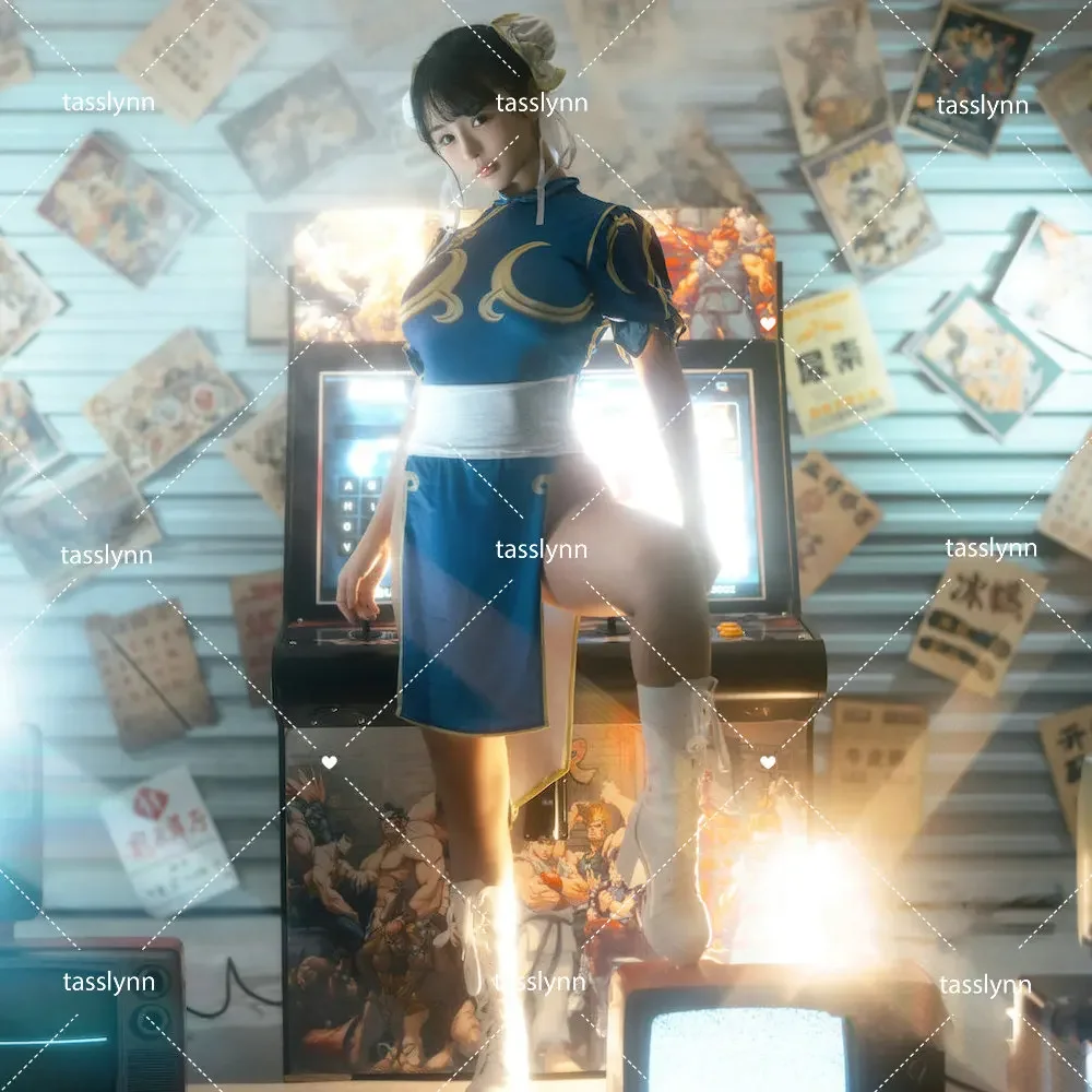 Игры костюмы для косплея Чунь ли Хэллоуина женское платье-Ципао синего цвета