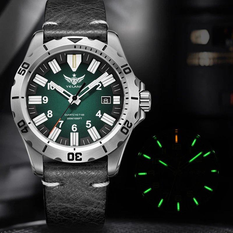 Фото Мужские кварцевые часы YELANG 42MM V1036 с люминесцентным циферблатом, литиевым механизмом (10 лет службы), вращающимся циферблатом, водонепроницаемостью 30ATM (300 м), в стиле милитари №4