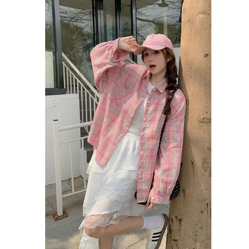 Женская однобортная рубашка в клетку Повседневная Свободная клетчатая блузка из