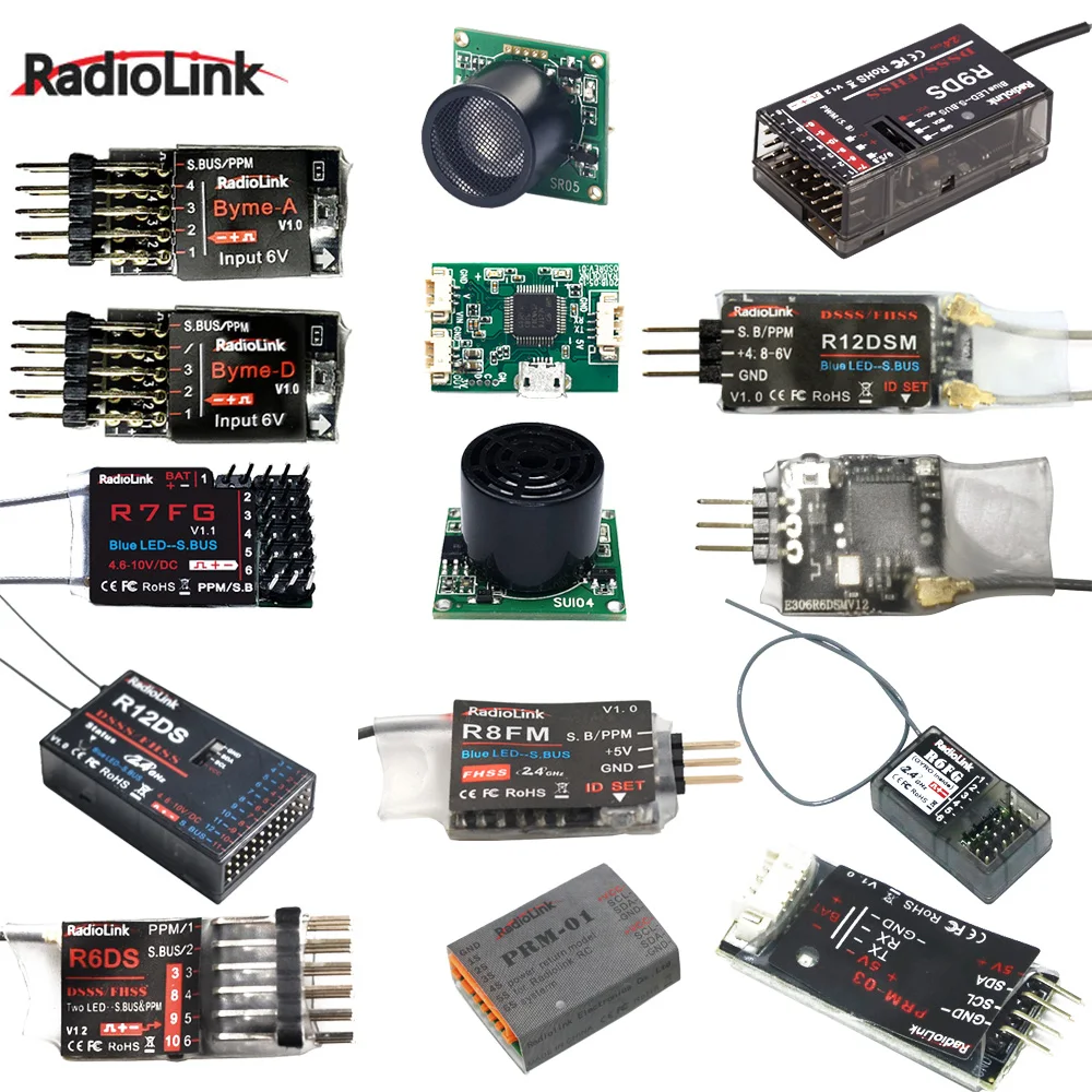 

RadioLink R6FG/R6DS/R6DSM/R7FG/R8FM/R9DS/R12DS/R12DSM 2.4GHZ Receiver and Byme A/Byme D/Su04/OSD Module For RC Transmitter Drone