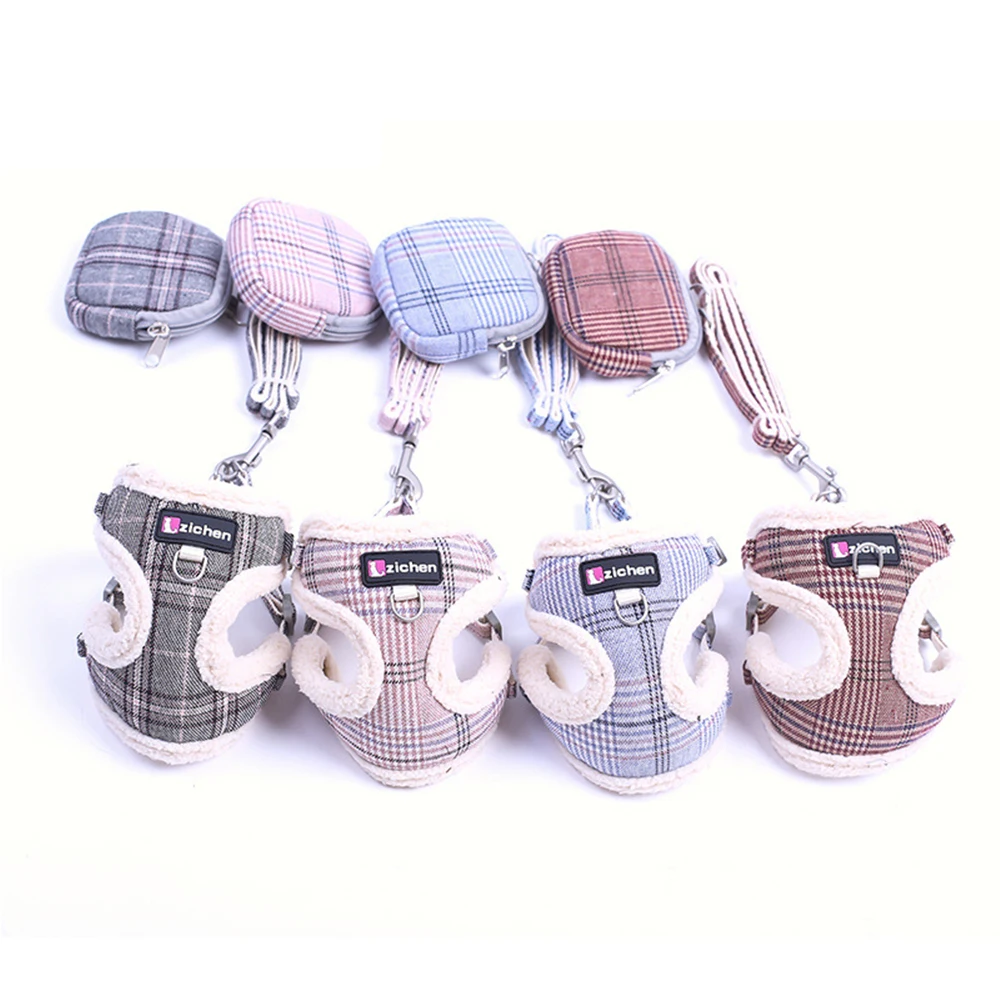 

Small Medium Winter Pet Dog Cat Adjust Harness Vest Leash SetPlaid Padded Seat Belt Puppy Accessories Breathable Warm Embroidery