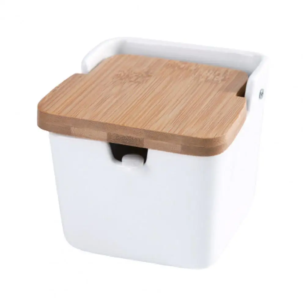 

250ml Flip Lid Seasoning Box with Spoon Ceramic Spice Salt Sugar Spice Pot Kitchen Gadget