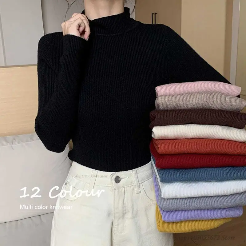 

Women Autumn Mock Neck Sweater Vintage Solid Pull Femme Basic Knitted Tops Casual Slim Pullover Korean Simple Chic Ribbed Jumper