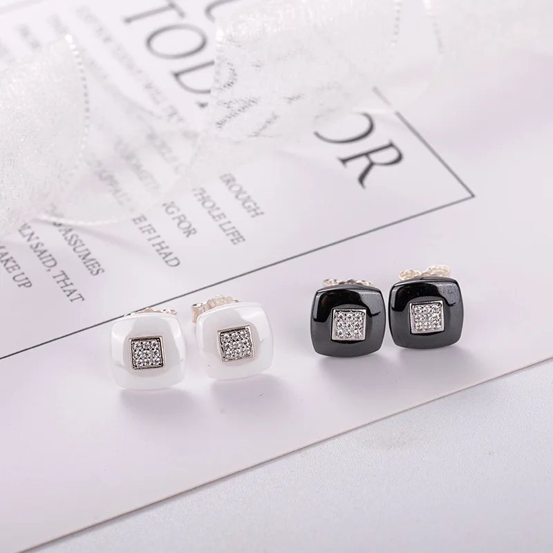 

Luxury Ceramic Earring S925 Sterling Silver Stud Earrings for Women Black and White Minimalist Eardrop Jewelry Set Gift for Girl