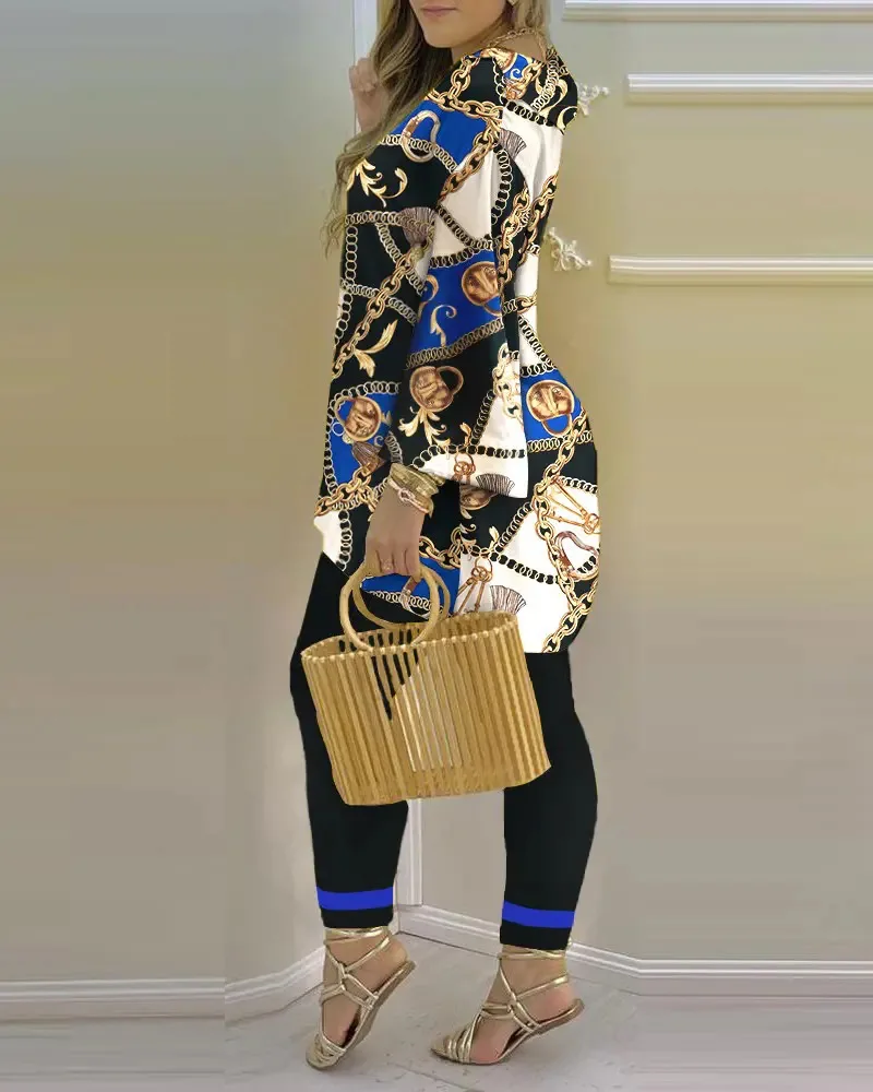 2023 spring and summer new women's suit fashion sexy V-neck printed thin long-sleeved trousers casual women's suit two-piece set