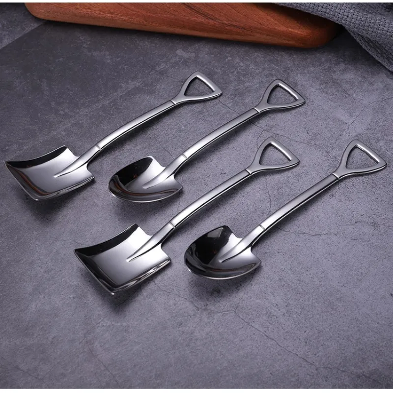 

Stainless Steel Iron Shovel Spoon Coffee Ice Cream Spoon Engineering Shovel Retro Cute Square Head Spoon Kitchen Gadget 4pc