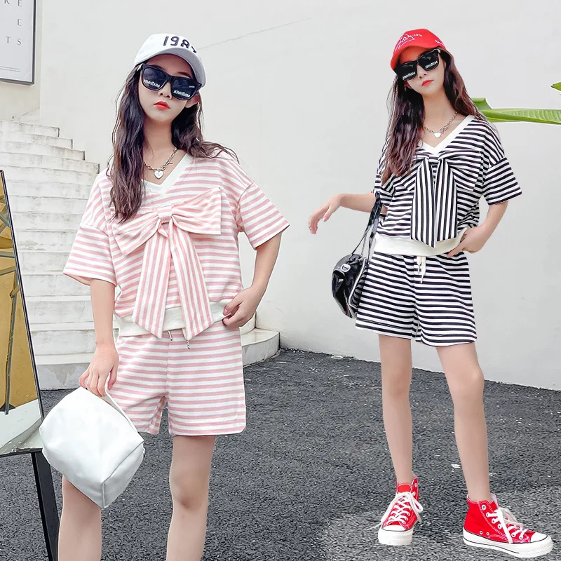 

Детский тонкий спортивный костюм с коротким рукавом, Свободный Повседневный костюм в полоску для маленькой девочки, в Корейском стиле ретр...