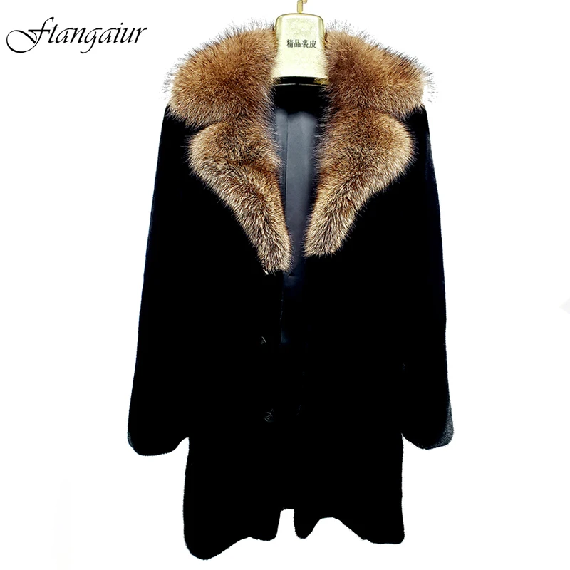 

Ftangaiur New Import American black Velvet Mink Coat Fisher Marten Turn-Down Collar Mink Coats Men's Long Smart Real Mink Coats