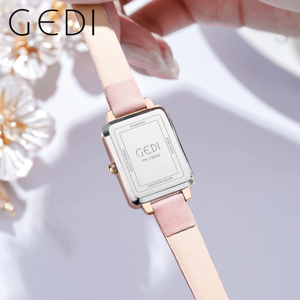 GEDI Rectangle Sakura Pink Women Watches Luxury Waterproof Ultra-thin Ladies Clock Leather Strap Fashion Quartz Wristwatches New