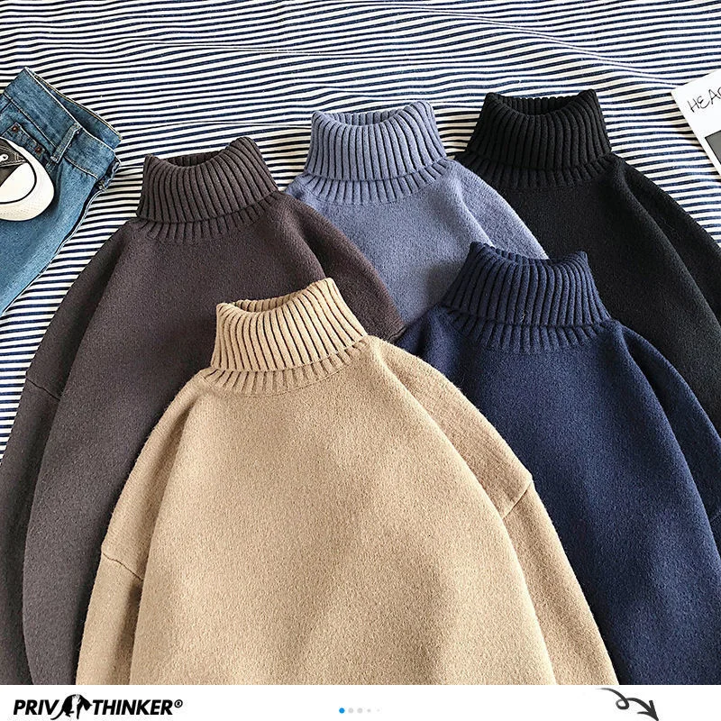 

Privathinker Winter Warm Men's Turtleneck Sweaters Solid Color Korean Man Casual Knitter Pullovers 2022 Harajuku Male Sweaters