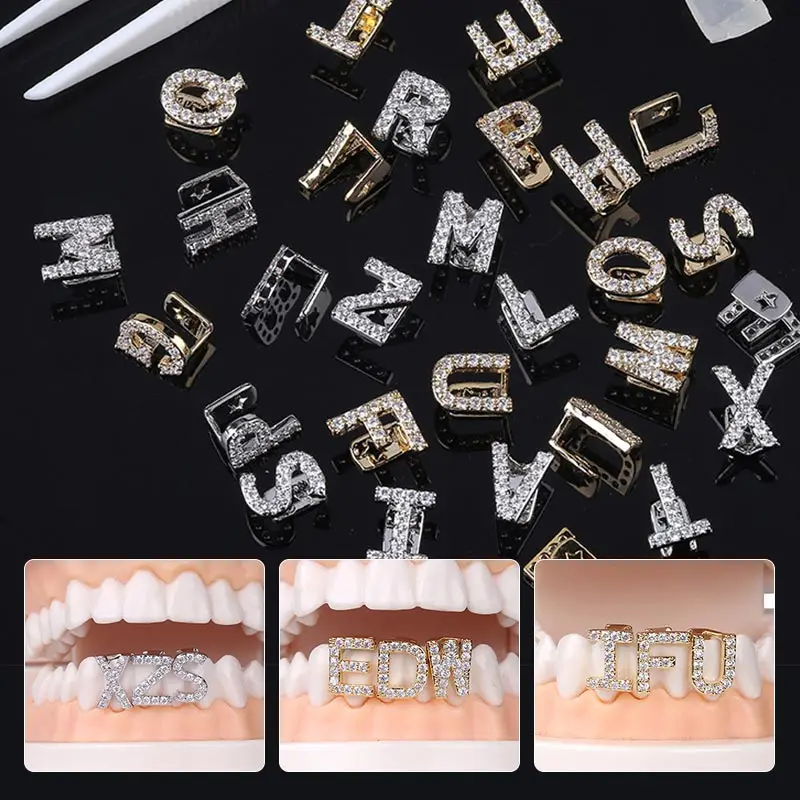

1PC A-Z Letter Single Tooth Cap Top Copper Tooth Braces Zircon Grill Teeth Hip Hop Jewelry Accessories