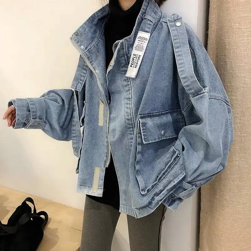 Vintage denim jacket children's short Korean version loose fitting bf student Harajuku Hong Kong style women's denim jacket