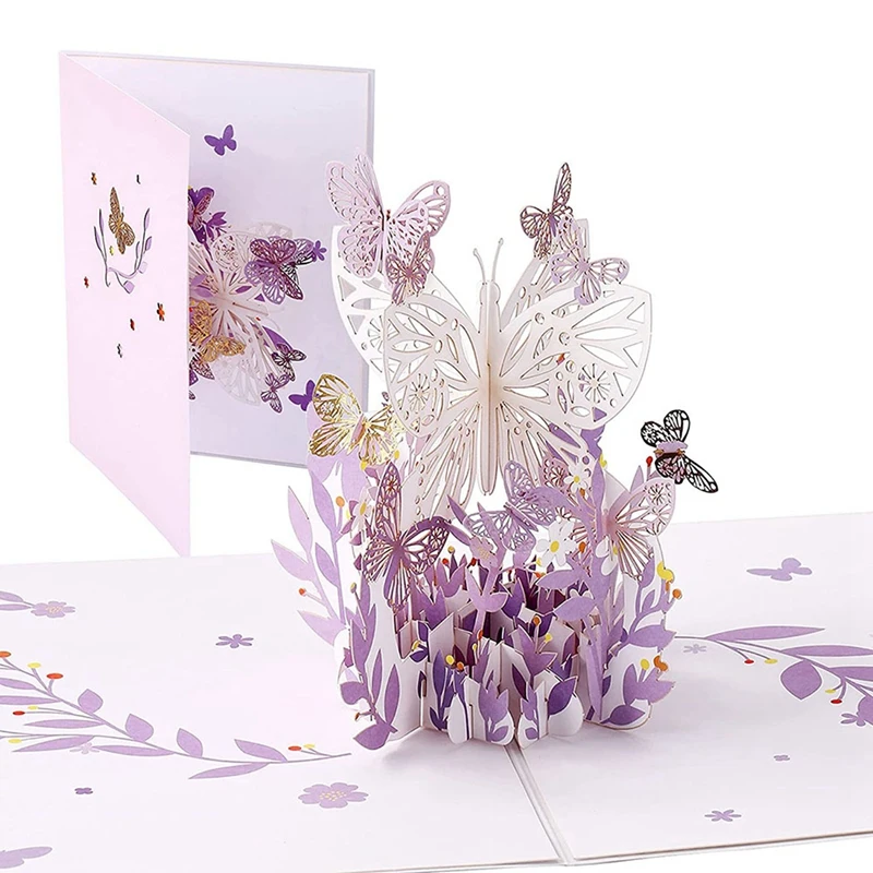 

2X Purple Butterfly Birthday Popup Card, Butterfly Flower Basket 3D Greeting Cards For Women Girl Daughter, Mothers Day