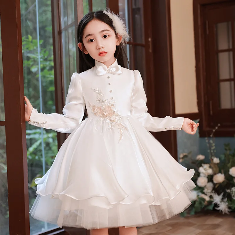 

Vintage White Long Sleeve Evening Dresses Princess Floral Embroidery Beading Wedding Party Gown Kids Formal Clothes