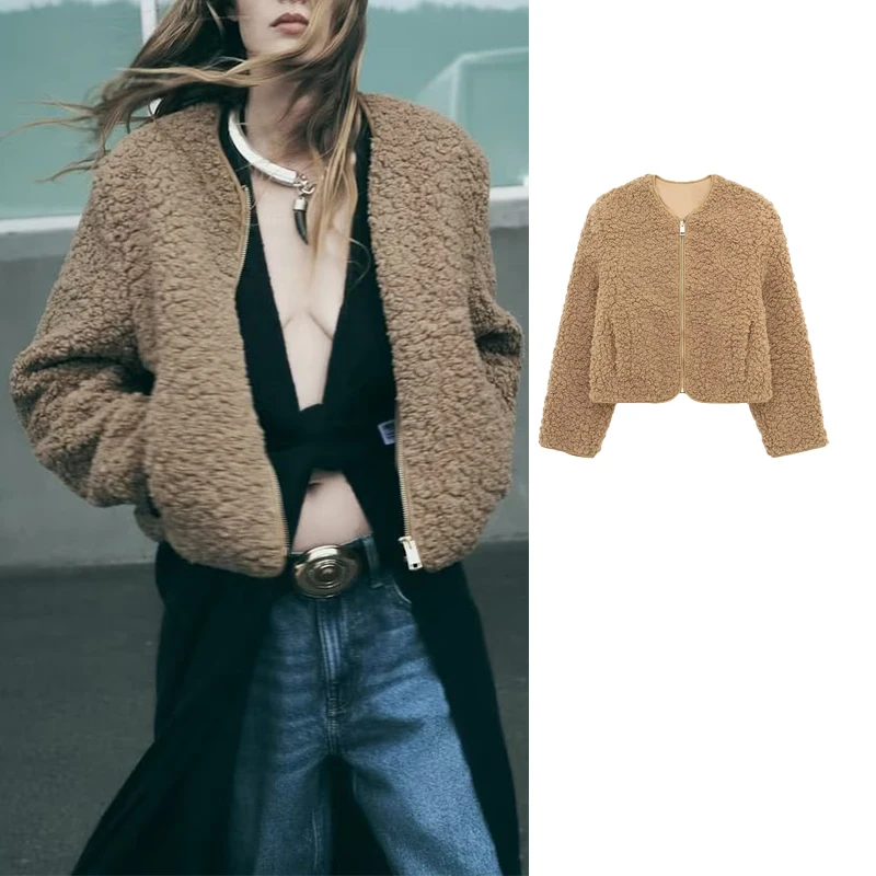 

Куртка женская укороченная из искусственной шерсти, на молнии, с длинным рукавом