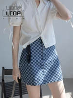 ledp summer fashion streetwear denim blue plaid mini skirt women retro korean style sexy high waist a line plaid denim skirt