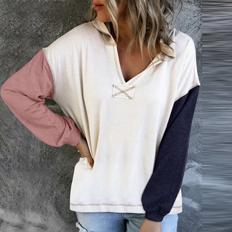 

Women Fashion Patchwork Hoodie Sweatshirts Spring Patchwork Hooded Tops Pullover Autumn Long Sleeve Office Hooded Shirts Jumper