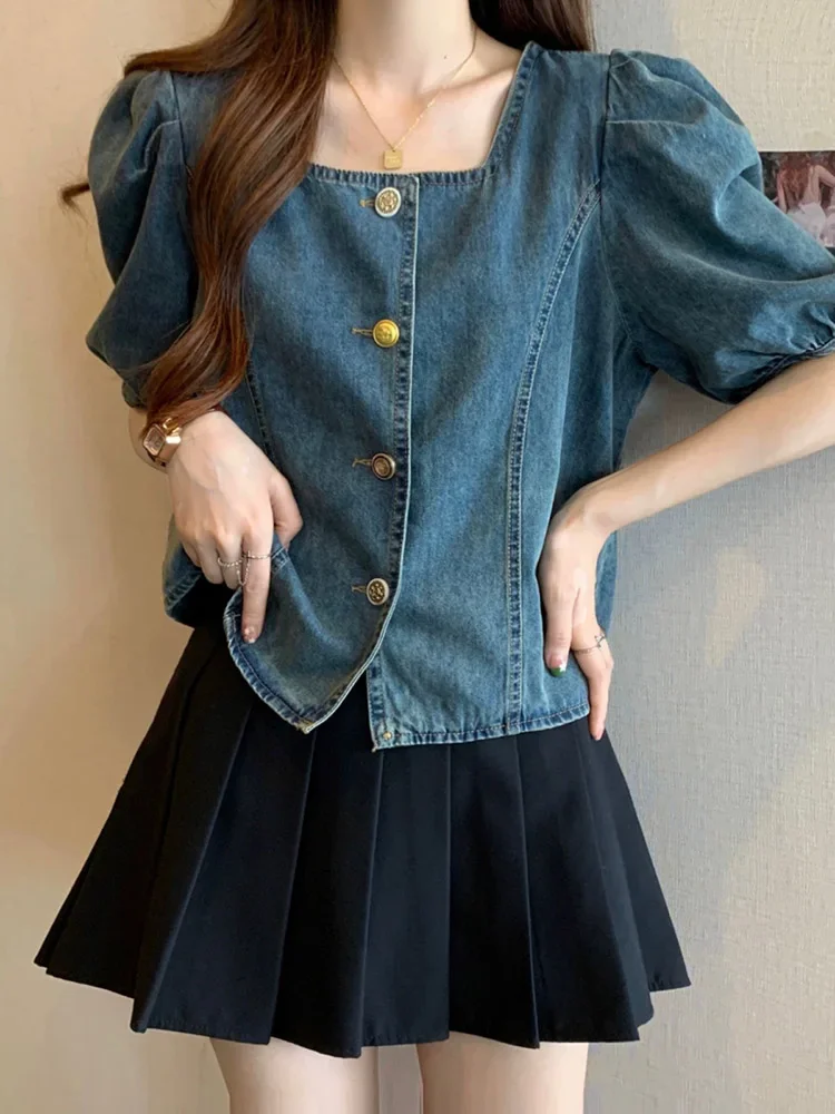 Женская джинсовая рубашка с коротким рукавом кардиган квадратным вырезом