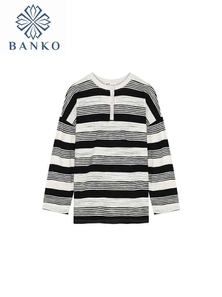 

Women 2022 New Vintage Striped Decoration Simple Basic Clothes Tee Autumn O-neck Long Sleeve Top Loose Casual Oversize T-shirt