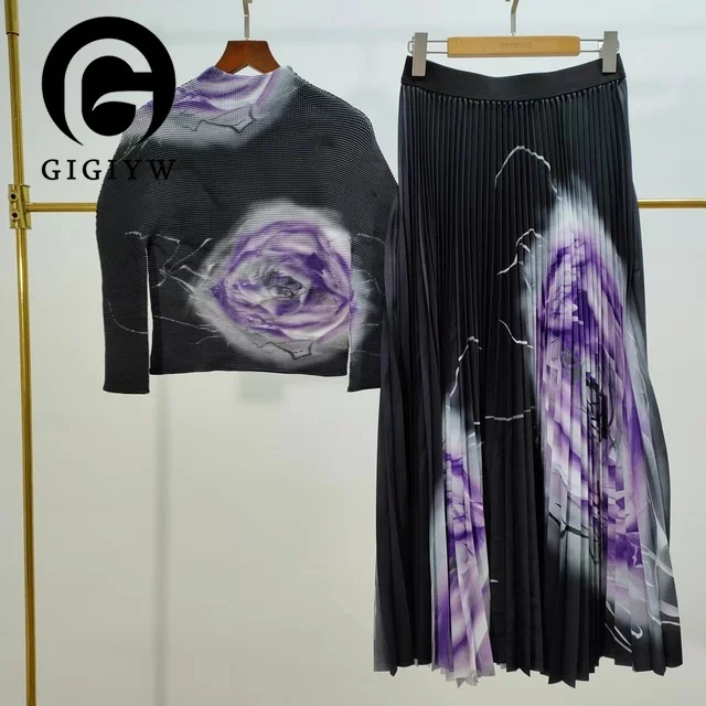 

Fashion Printed Slim Long-sleeved Top+Loose Meat-Covered Pleated Skirt Party 2023 Spring Models