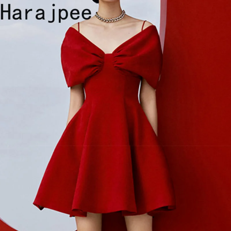 

Harajpee Vintage French Vintage Short Women Wedding Dress 2023 Summer Red Slim Temperament Celebrity Slip Evening Dresses