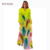 movokaka spring autumn vintage long dress elegant party casual holiday beach vestidos feather print yellow long sleeved dresses