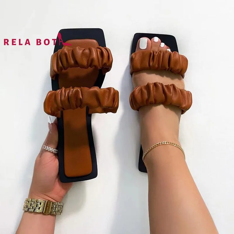 

Square Head Color Pleated Imitation Leather Double Strips Fashion Slippers for Women Versatile Leather Outside Modern Slippers