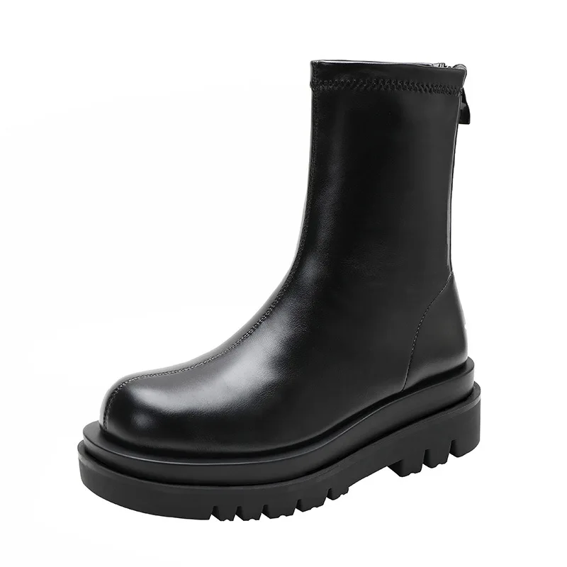 

Women Ankle Boots PU Flat Female Long Boots Platform Zipper Lady Elastic Boots Autumn Winter Retro Leisure Short Boots