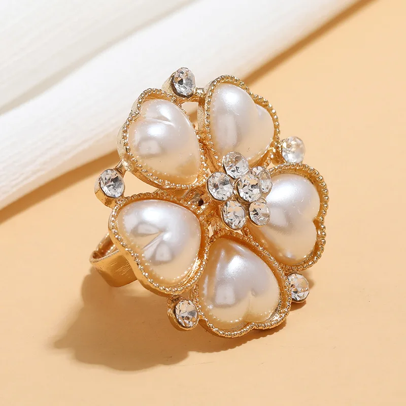 

French Fashion Heart Shaped Pearl Ring Flower Opening Adjustable Index Finger Ring Ins Simple Temperament Joint Ring