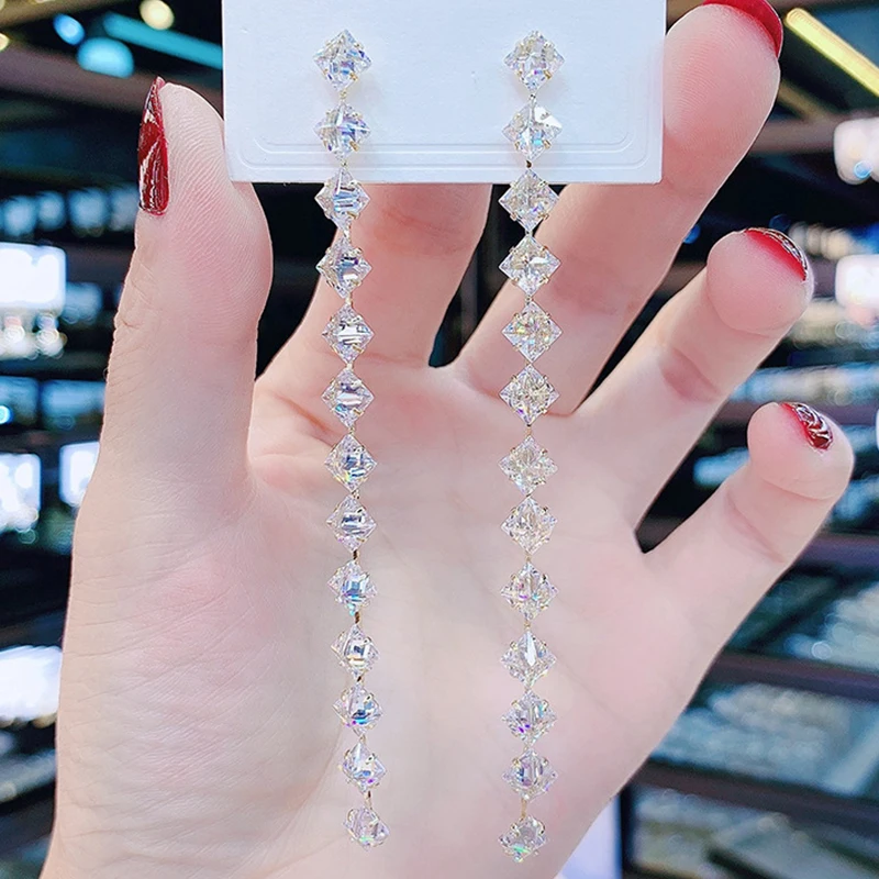 

UILZ Long Tassel Zircon Crystal Drop Earrings for Women Exquisite Geometric Dangle Earrings Statement Wedding Engagement Jewelry