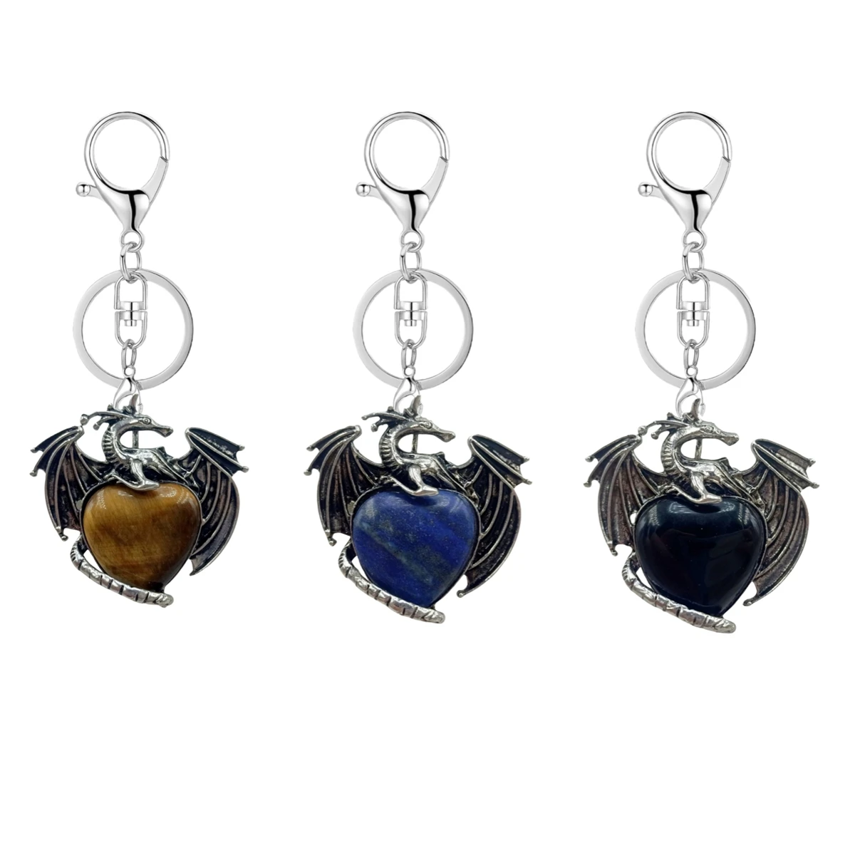 

Natural Stone Dragon Keychain for Women Men Natural Gemstone Love Heart Crystal Pterosaur Charms Lucky Key Chain Bags Cars