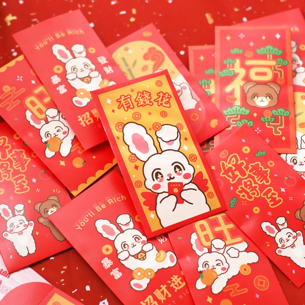 

6pcs Cartoon Chinese Red Envelopes Year of the Rabbit Lucky Money Bag Spring Festival Hongbao 2023 Mascot Decoration