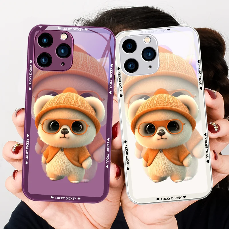 

A Cute Little Bear with Brown Glasses for Iphone 14 13 12 11 Pro Max X XS XR 7 8 Plus 2020 SE Green Tempered Glass Phone Case