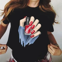 beautiful manicure red nails nail polish in hand print t shirt woman nail finger t shirt women harajuku camisas red nails tshirt