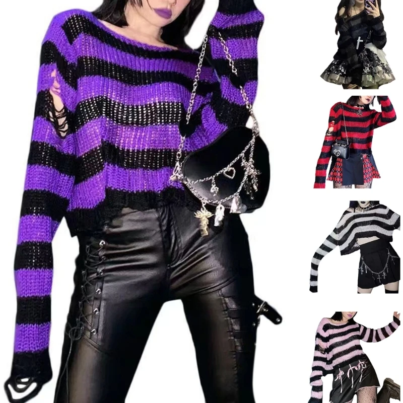 

Women's Loose Long Sleeve Striped Neck Gothic Pullover Knit Sweater Crop Top