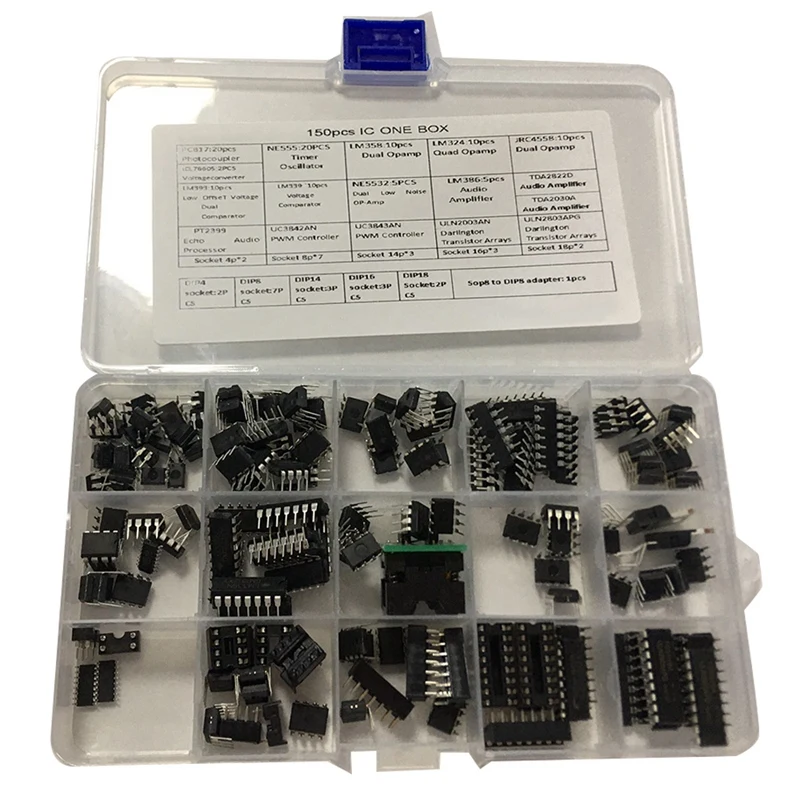 IC Chip Assortment 150Pcs,Opamp,Oscillator,Pwm,PC817,NE555,LM358,LM324, JRC4558,LM393,LM339,NE5532 Incl. Sockets