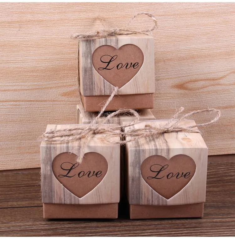 

50pcs Heart Candy Box Vintage Wedding Gifts For Guests Kraft Boxes With Rustic Burlap Twine Decoration Wedding Favors