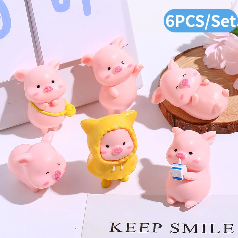 

6pcs/set Cute Cartoon Pink Pig Figurine Miniaturas Ornament Resin Piggy Statue Collection Toy Fairy Garden Mini Decorations