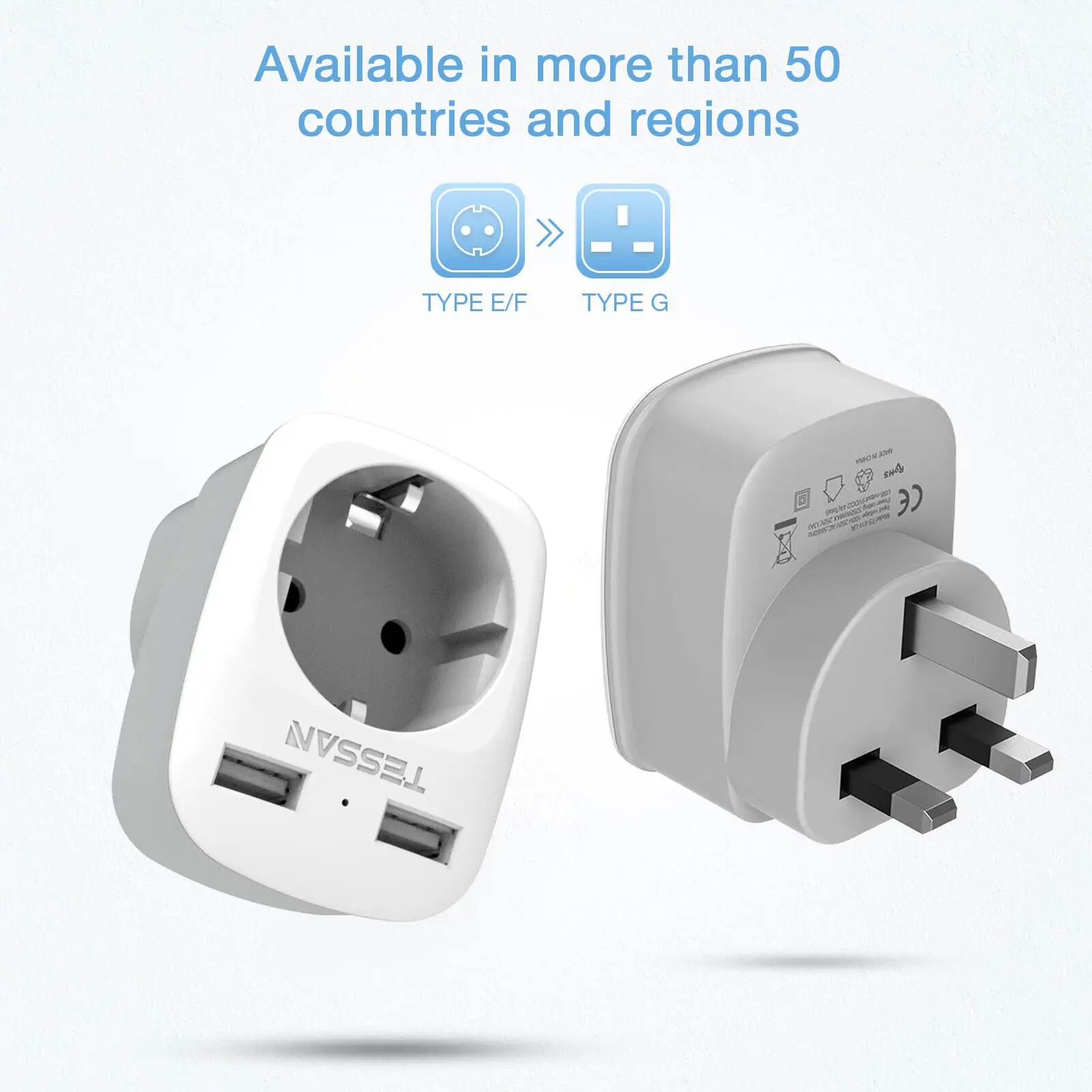 

TESSAN EU Euro European to UK Travel Adapter Multiple Wall Plug with 1 Outlet and 2 USB Ports Type G Plug England Adapter Socket