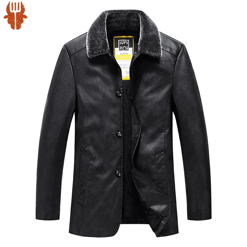 

Men Winter Leather Jacket Men 2023 New Fashion Fleece Keep Warm Jacket Black Coats Leather Solid Color Long Jacket For Men