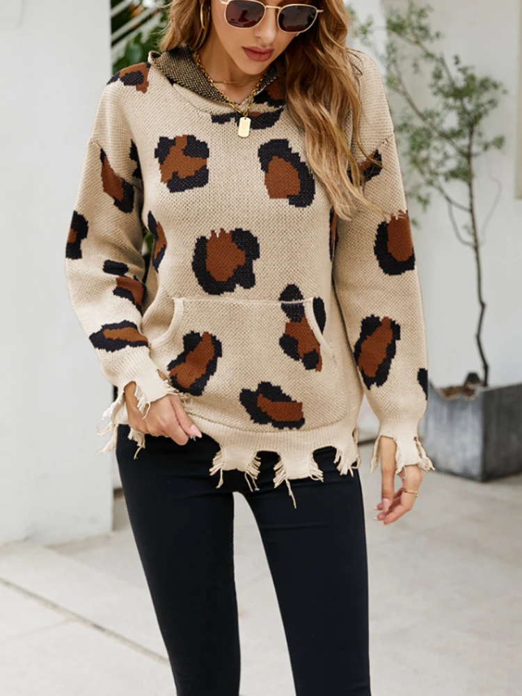 

Autumn Winter Ripped Fringed Leopard Print Sweater Women Pullover Korean Fashion Long Sleeve Top Fashion Tops 2022 Women Hooded