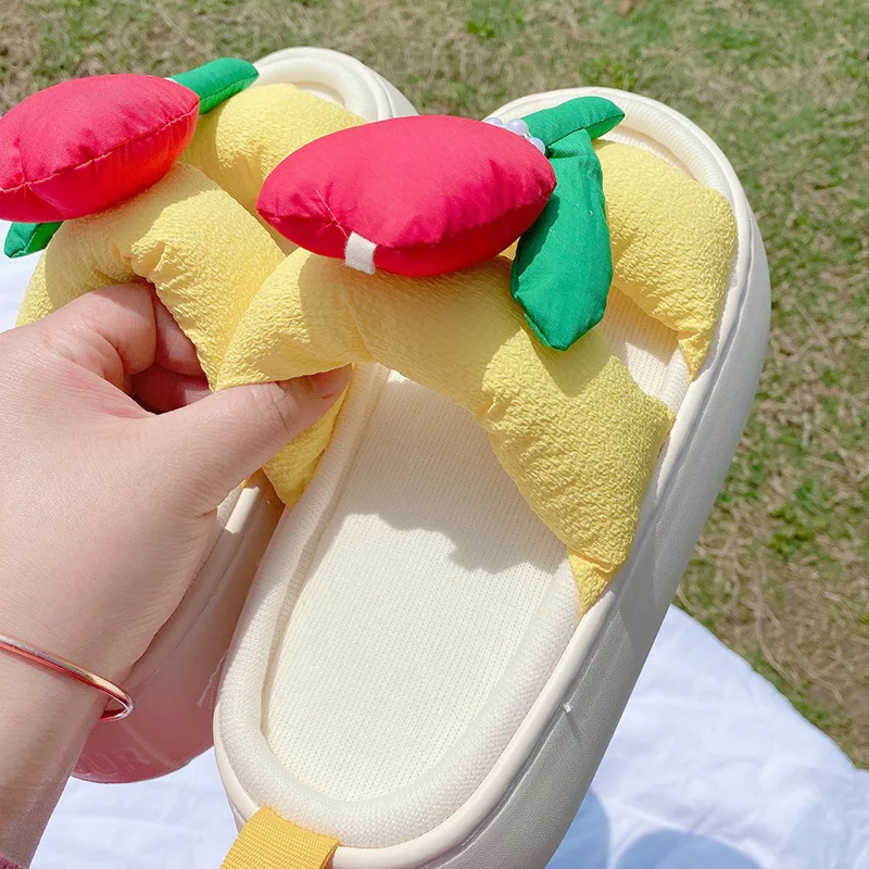 Fashion Spring Summer Cotton Linen Women Slippers Flower Lace Bow Tassels EVA Thick Sole Indoor Home Ladies Sandals Slides Shoes