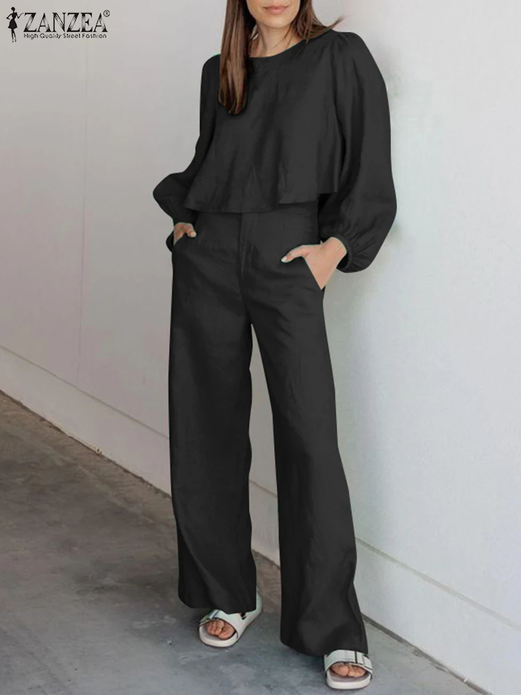 

2023 ZANZEA Spring Fashion Solid Suit 2PCS Puff Sleeve O-Neck Blouse Wide Leg Pant Woman Casual Two Piece Sets Elegant Tracksuit