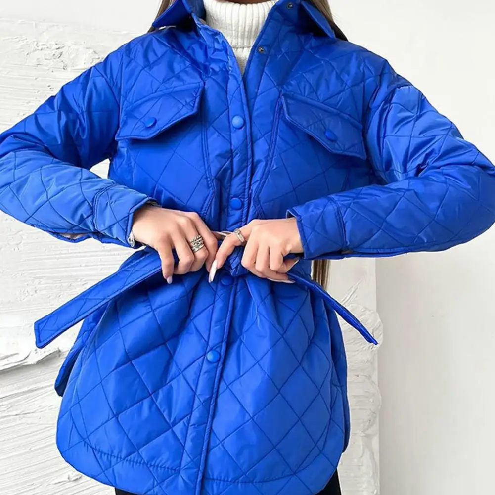 Women Down Coat Solid Color Lapel Padded Belt Cardigan Keep Wram Single-breasted Flap Pocket Autumn Coat for Outdoor