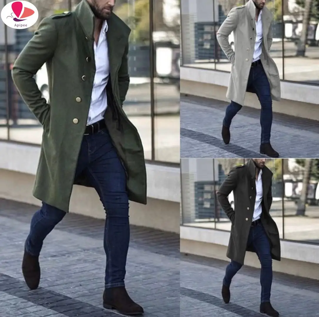 

APIPEE Mens Wool Overcoat Winter Thicken Jacket Men Turn-Down Collar Casual Single Breasted Long Woollen Wind Black Male Coat